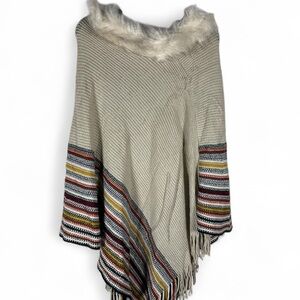 Northern Angel Striped Fringe Poncho with Faux Fur Collar Size L